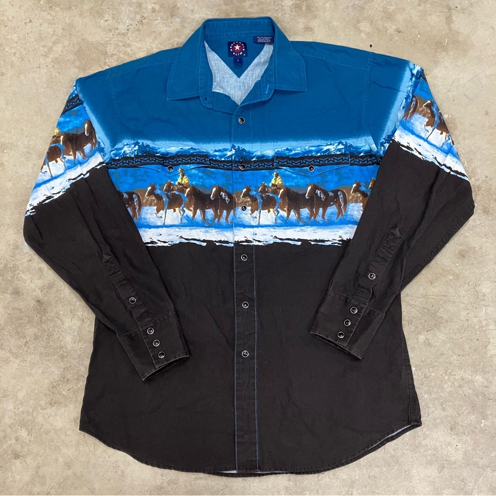 Vintage Panhandle Slim Men's Shirt Large Black Blue Horses Snap Button Up Long
